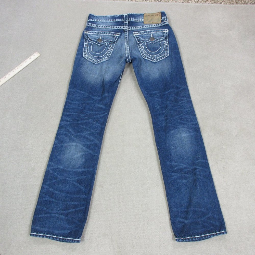 True Religion Jeans Mens 32 Ricky Relaxed Straight Leg Distressed Blue Denim